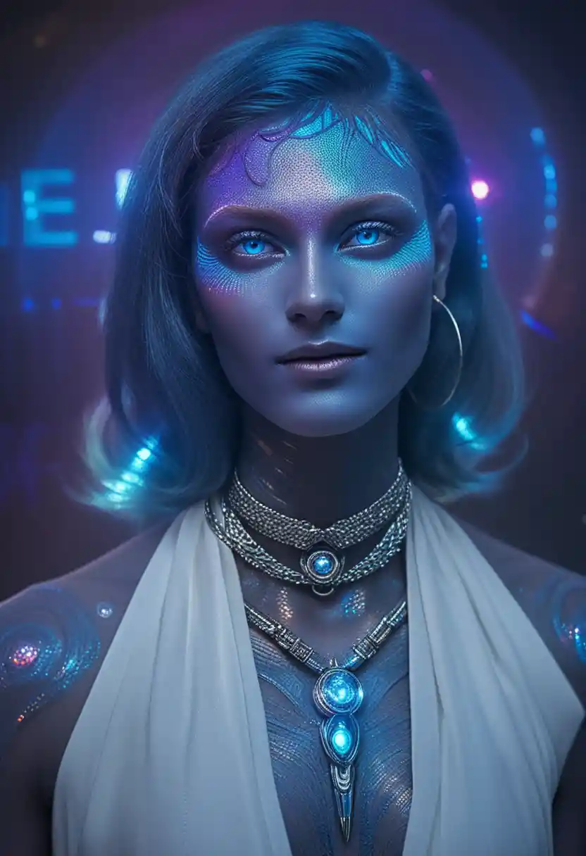 Futuristic androgynous alien model on metallic runway