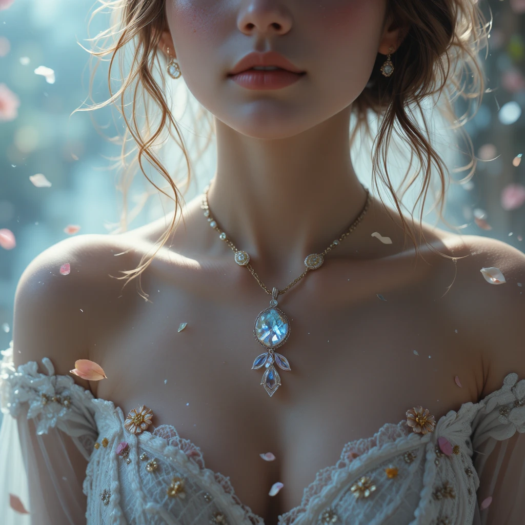 Dreamy portrait of a woman with a crystal pendant necklace
