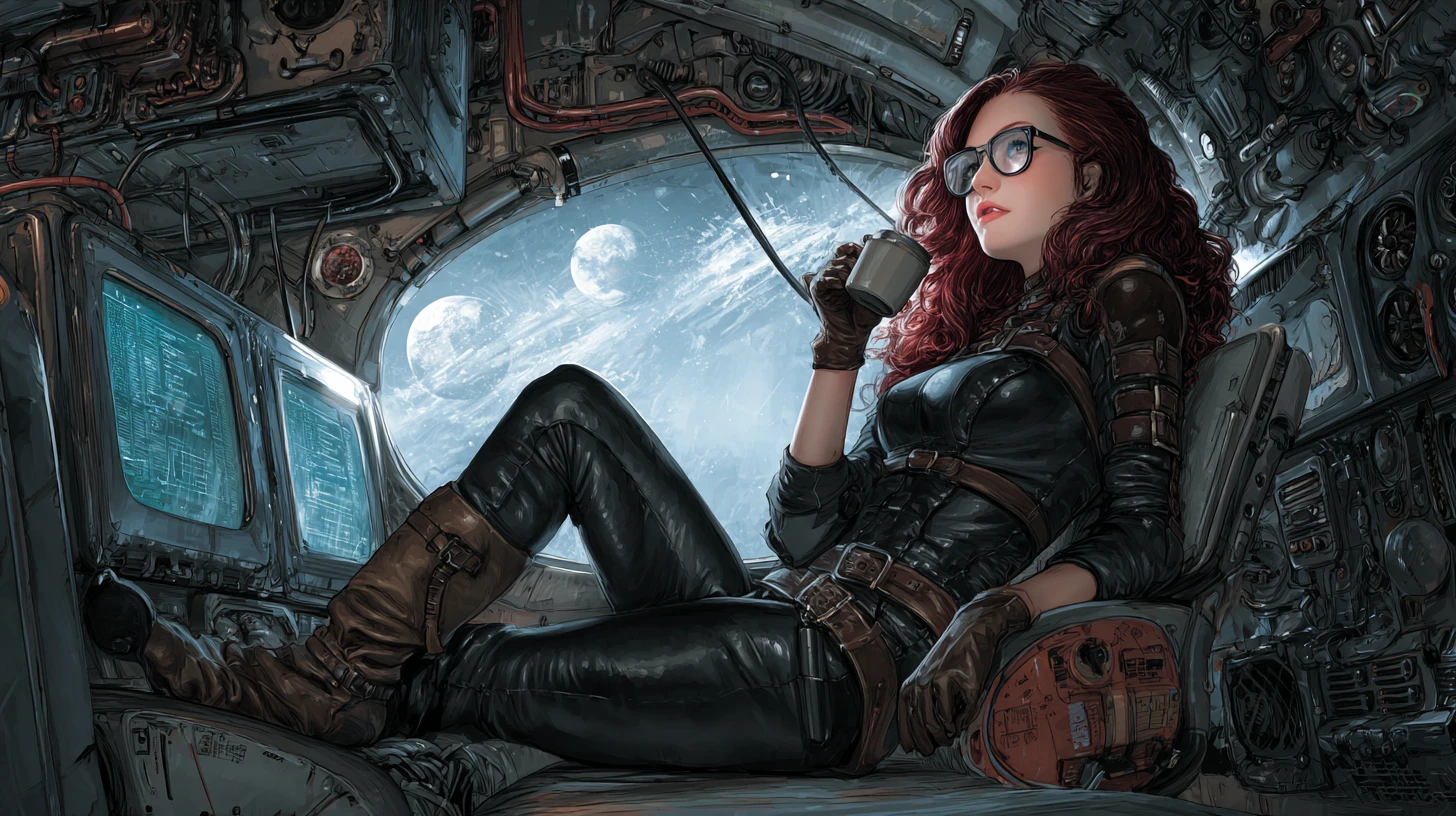 Athletic woman in black leathersuit aboard old rusty spaceship
