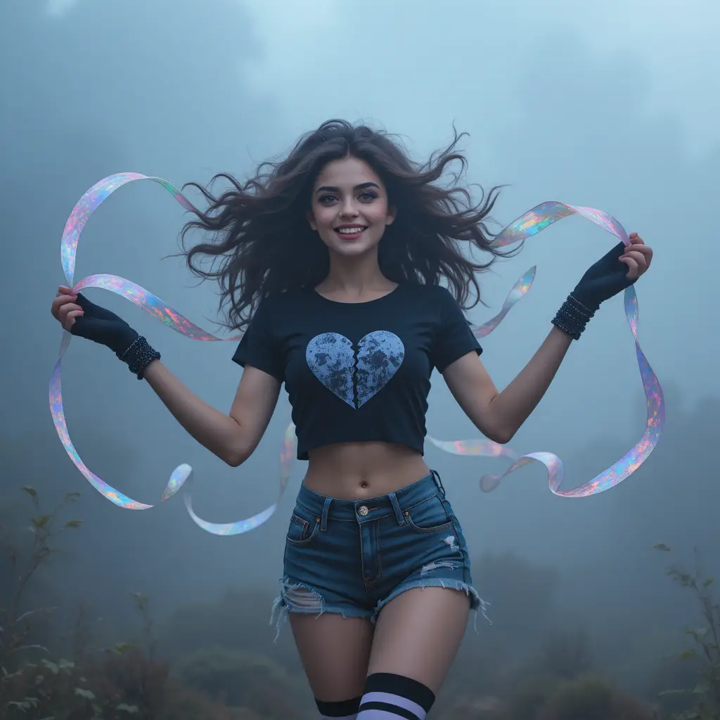 Emo girl dancing in fog with shimmering ribbon