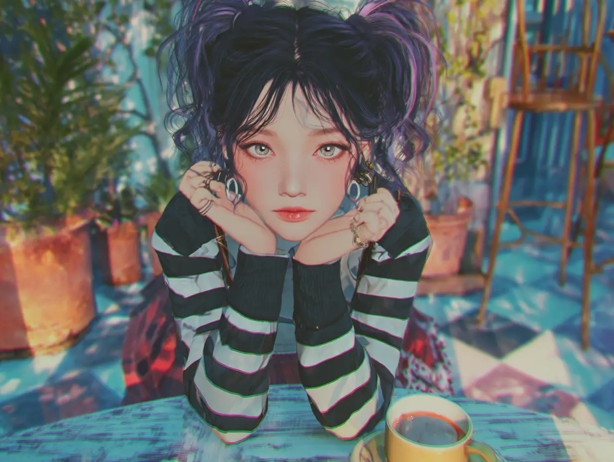 Anime girl in striped outfit at surreal sidewalk cafe