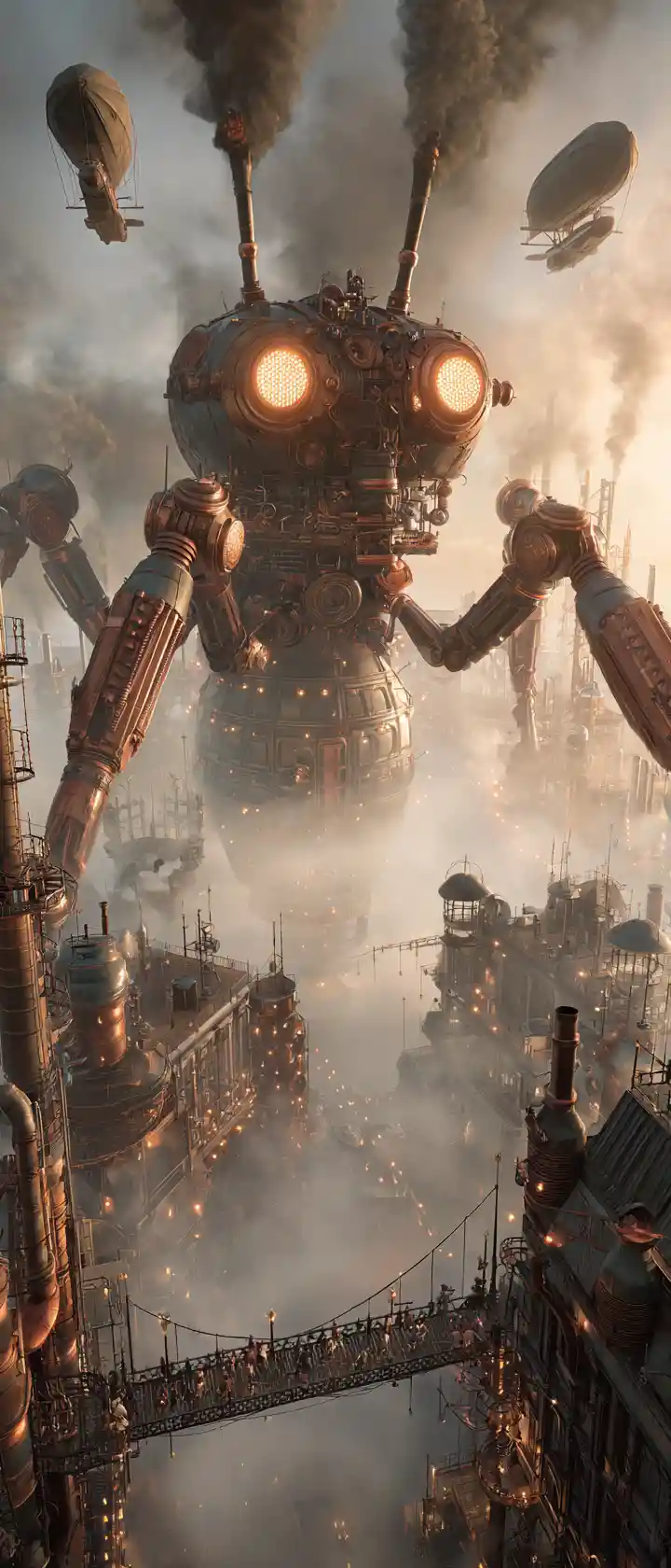 Gigantic Steampunk Ant Above Foggy Industrial City