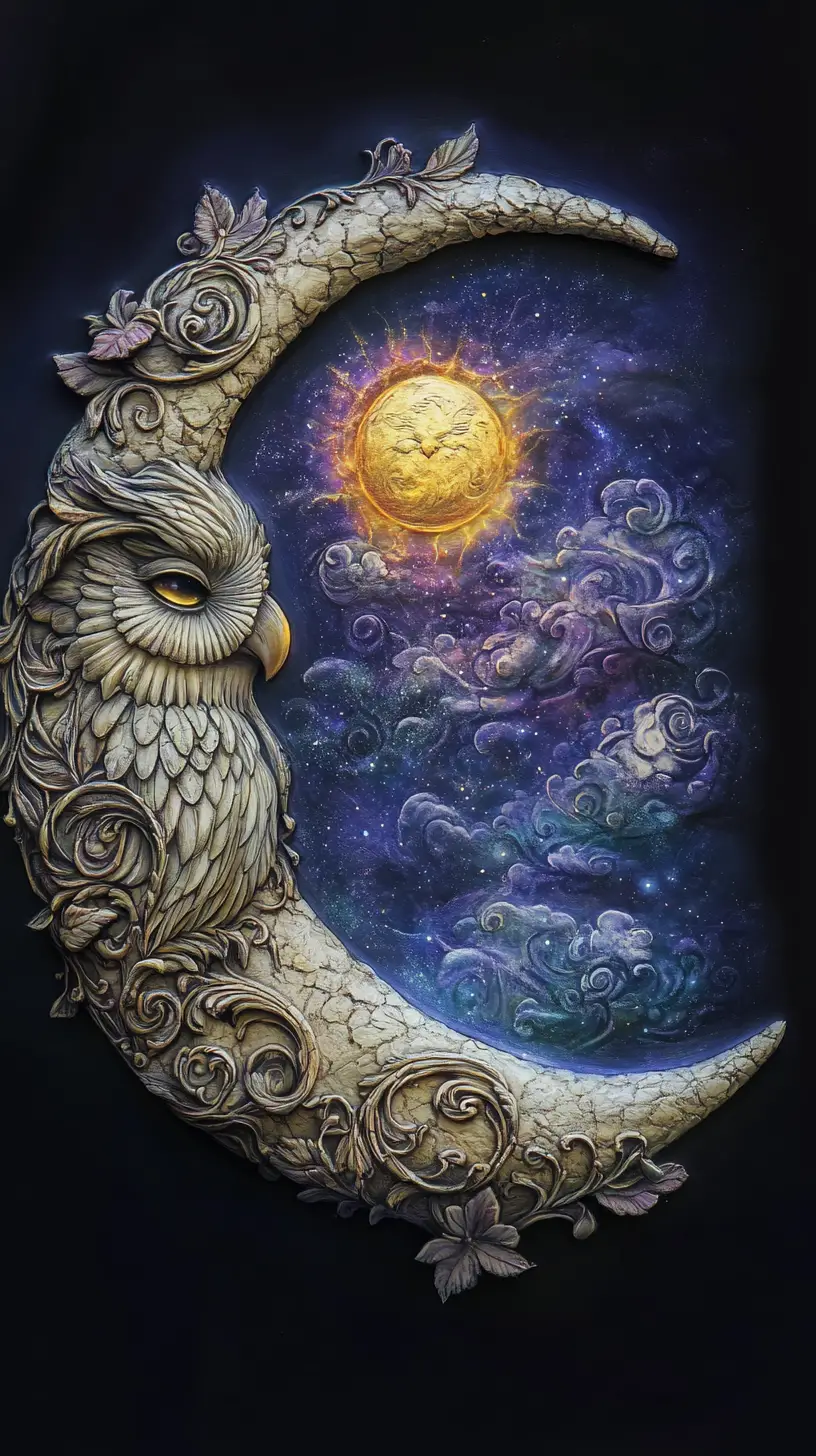 Ornate Crescent Moon Owl In Cosmic Floral Night