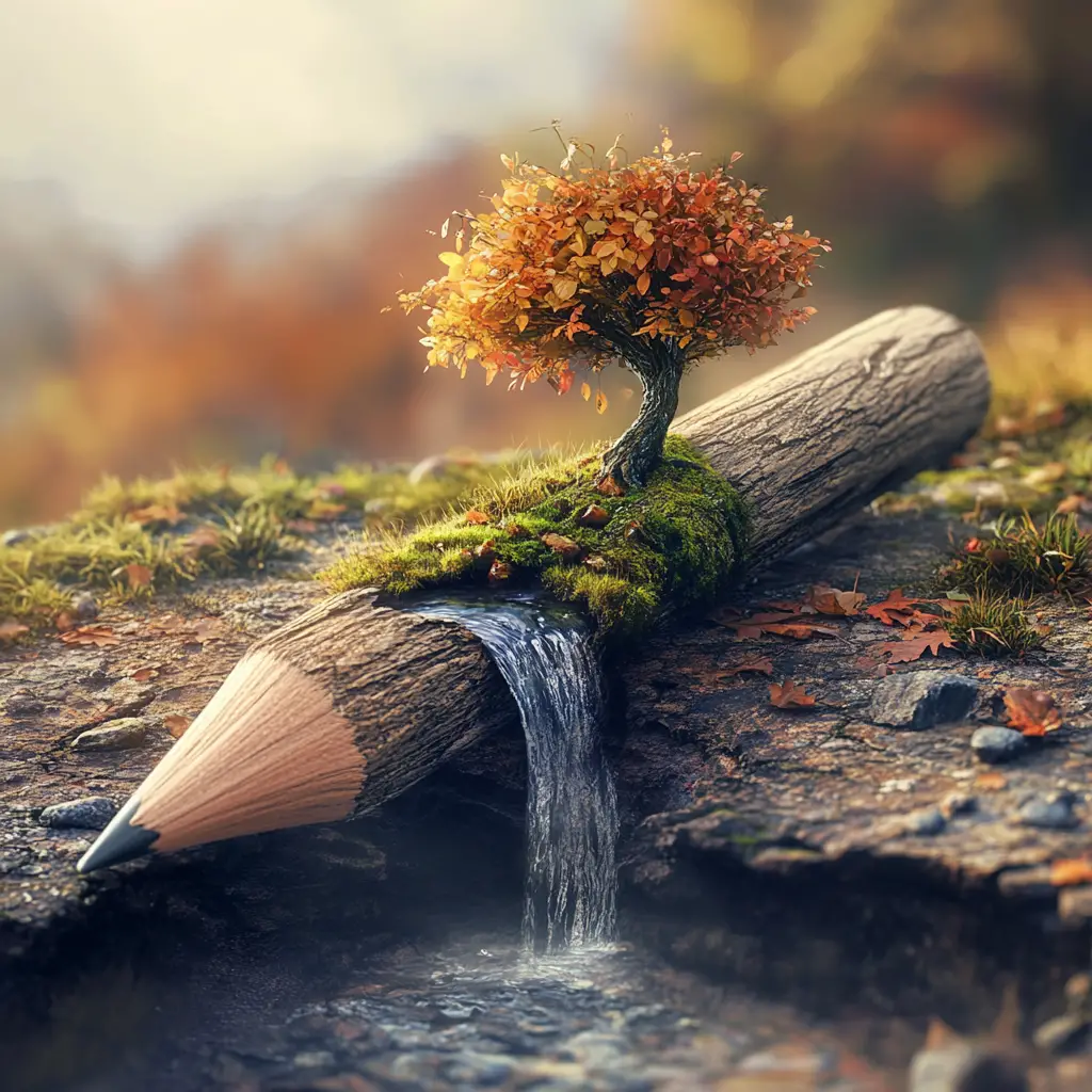 Surreal pencil landscape with autumn tree and waterfall