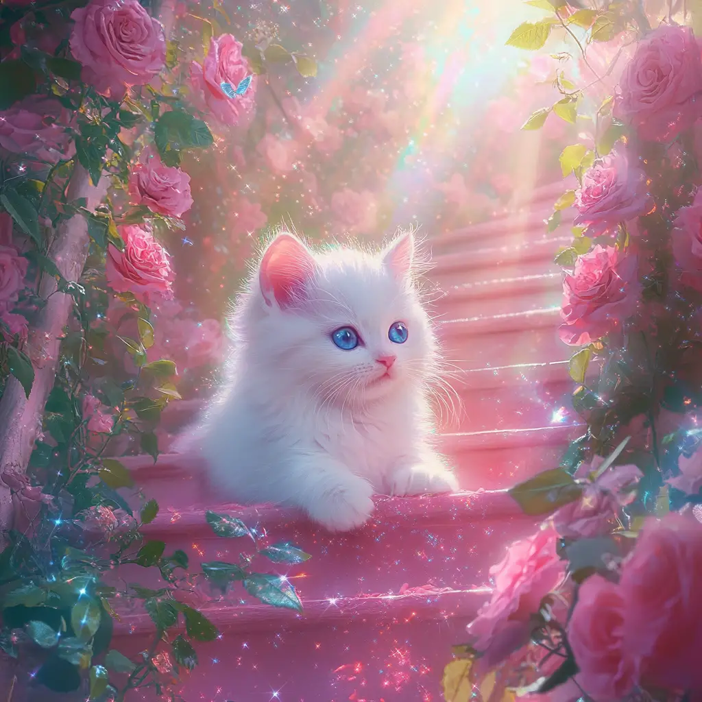 Cute White Kitten On Pink Stairs With Magical Roses