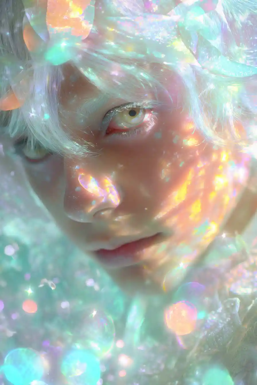 Psychedelic neon portrait in glowing pastel vaporwave dreamscape