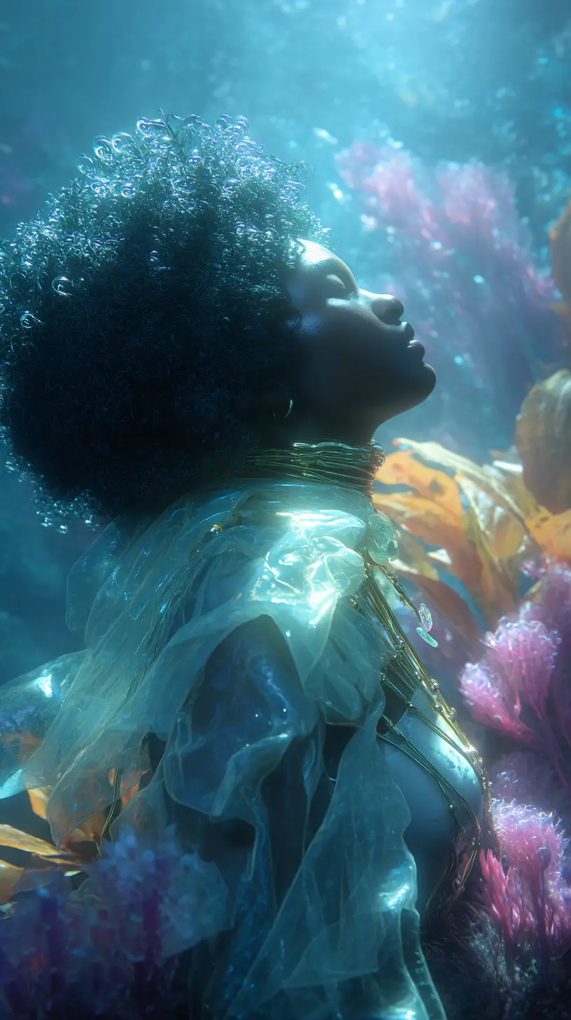 Majestic Afrofuturistic Woman Rising From Glowing Ocean Waves