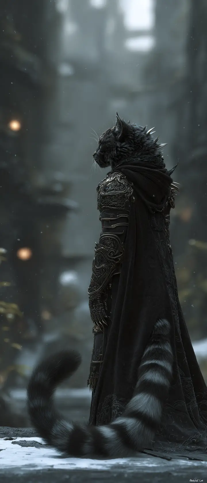 Armored warrior cat in a ruined winter metropolis