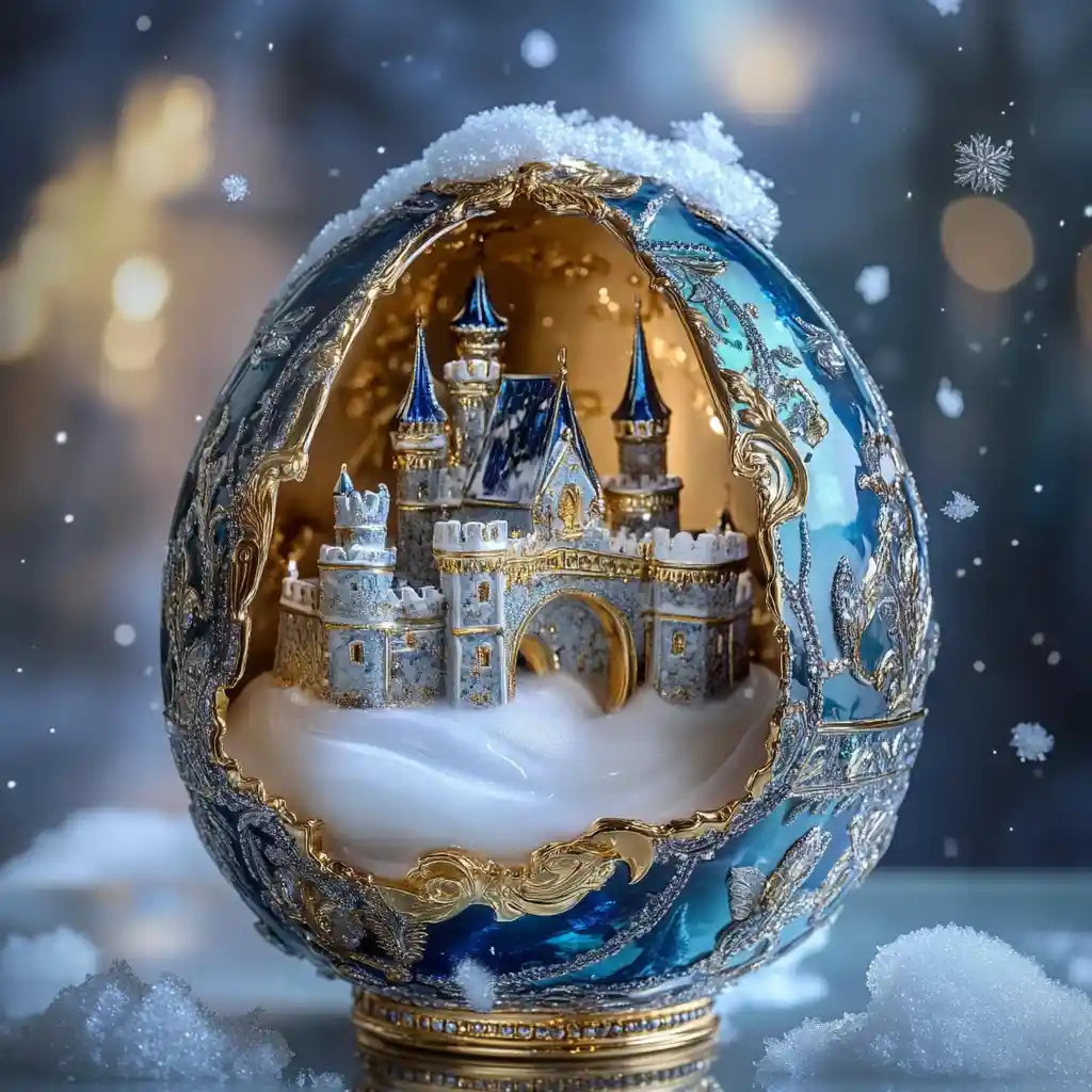 Faberge egg with miniature snow castle and ice crystals