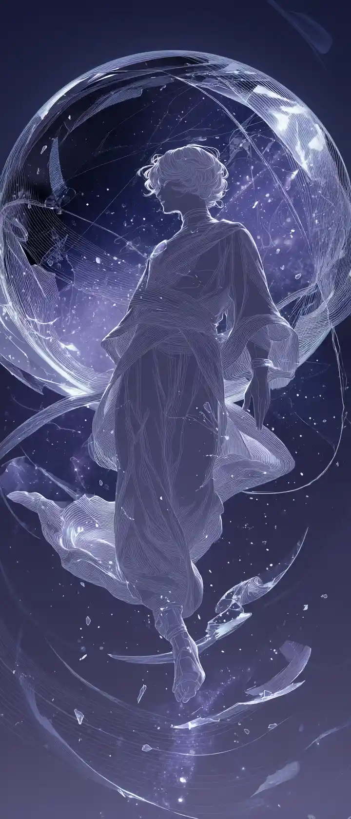 Androgynous celestial figure floating in a transparent sphere