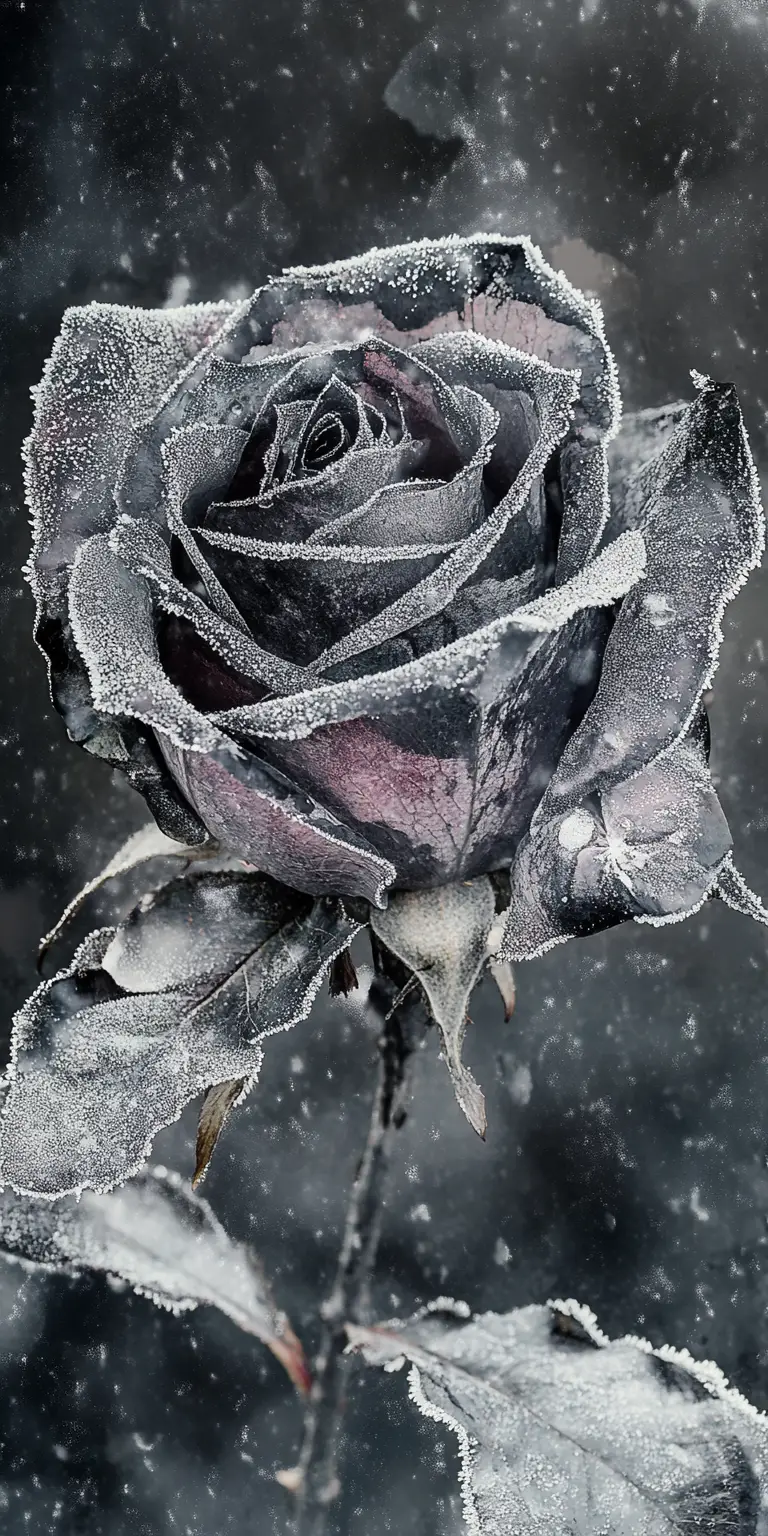 Surreal collage illusion with macro snowflake and dark rose