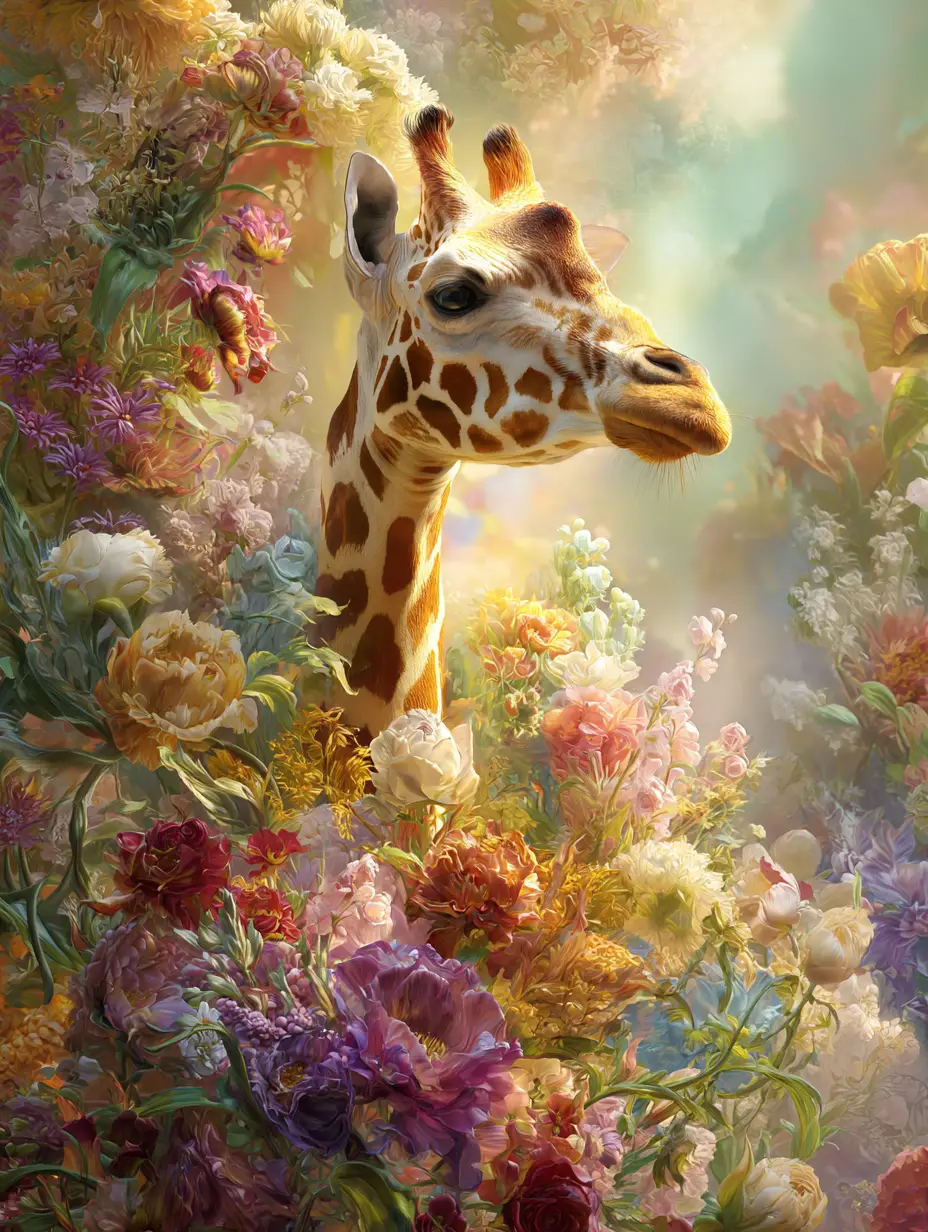Surreal giraffe in lush colorful floral still life