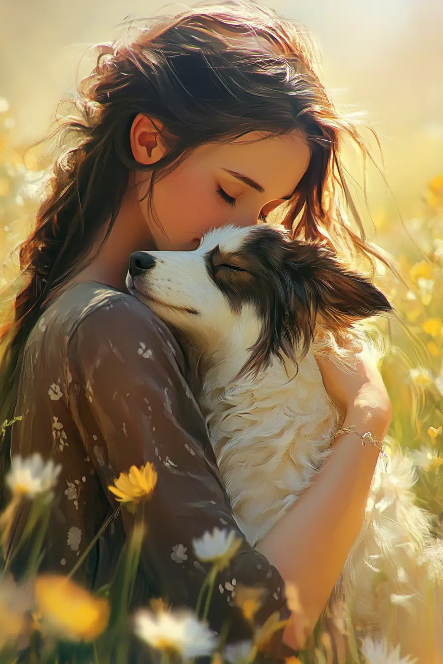 Watercolor dog and young woman in a sunny meadow