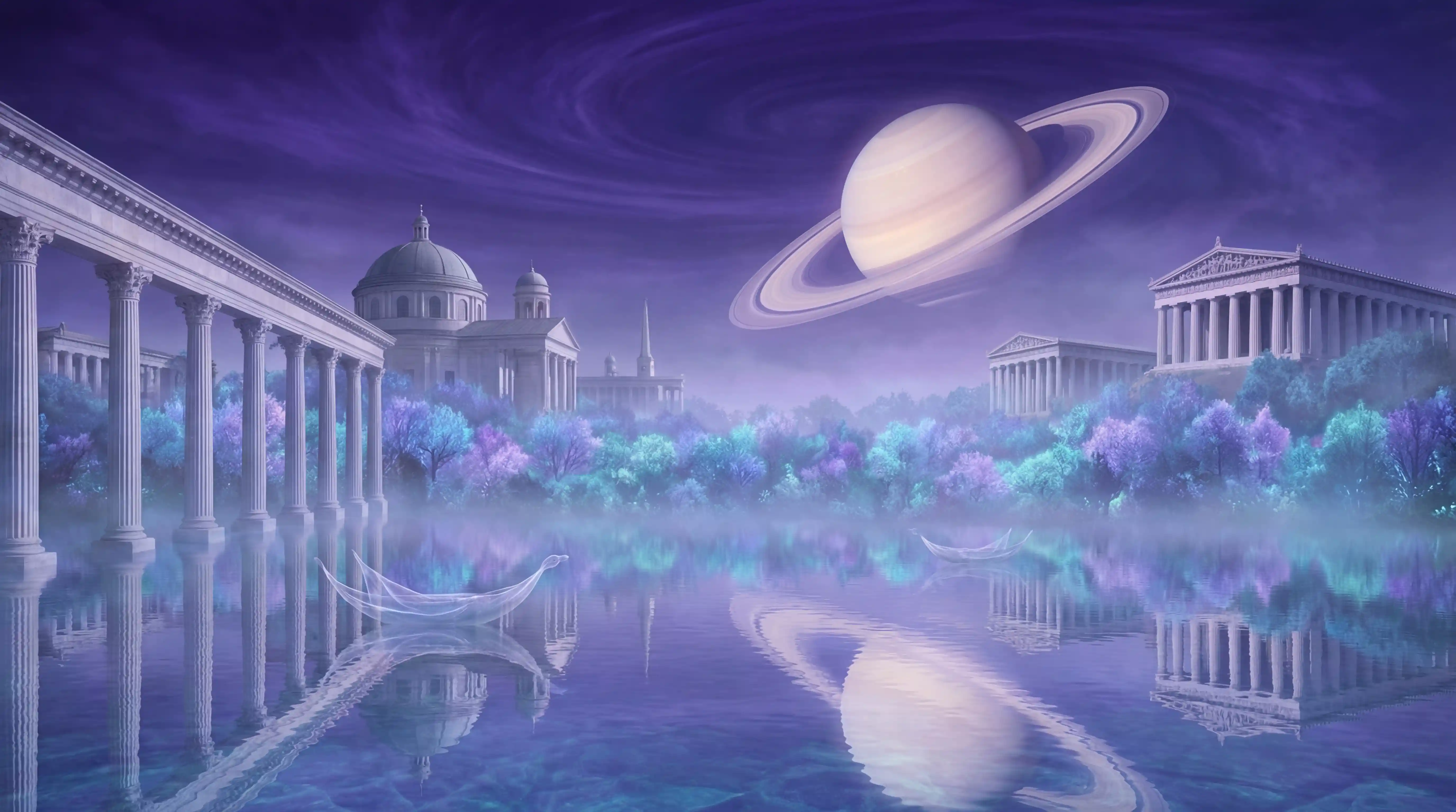 紫色夜空與水晶湖下的外星城市