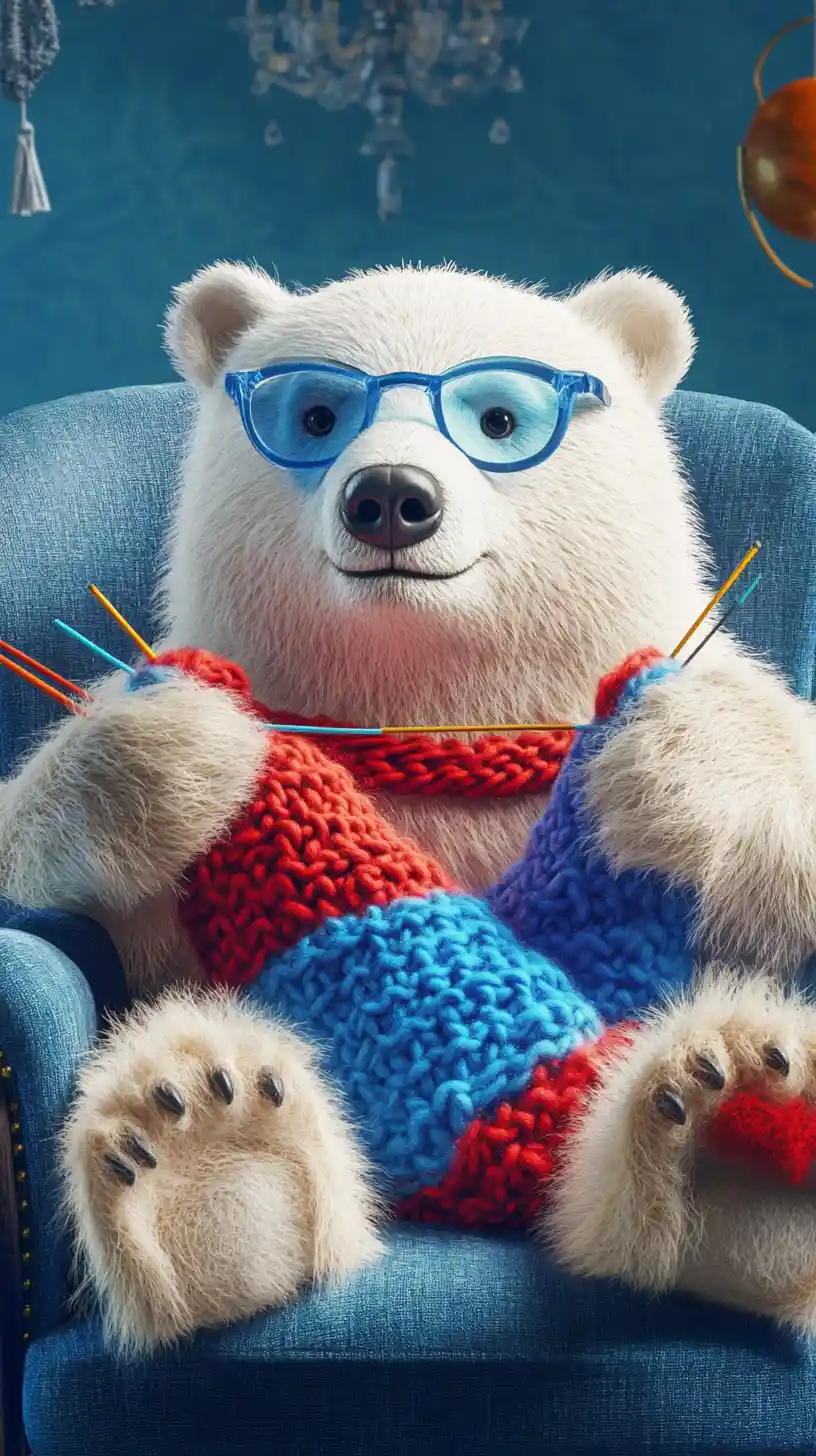 Cartoon polar bear knitting colorful socks in armchair