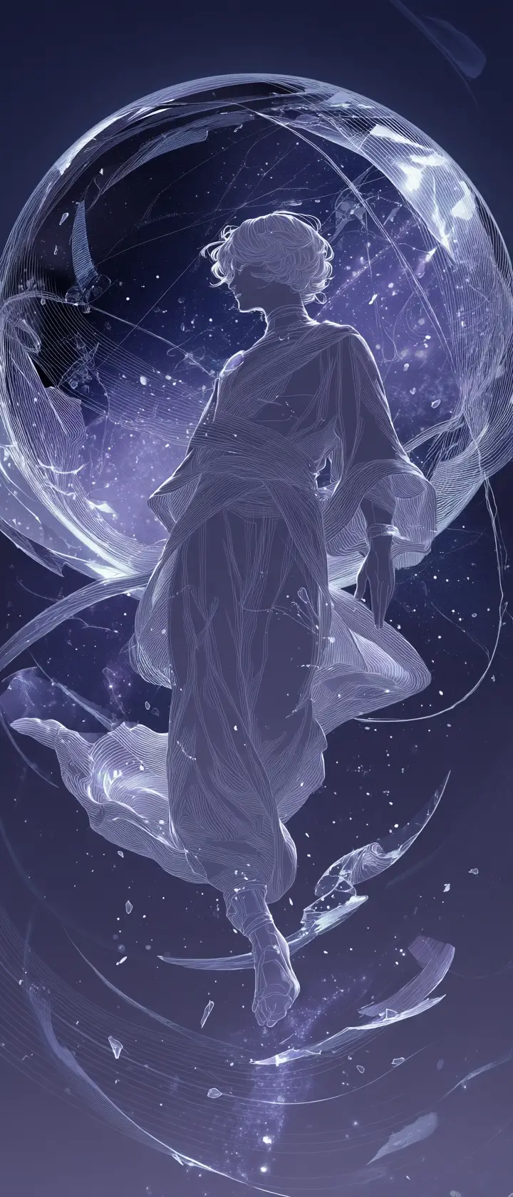 Androgynous celestial figure floating in a transparent sphere