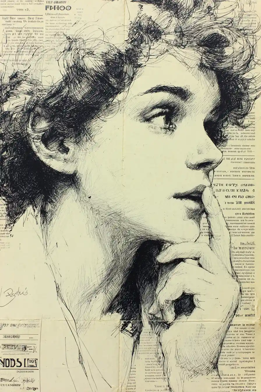Ink portrait of a pensive curly haired young woman