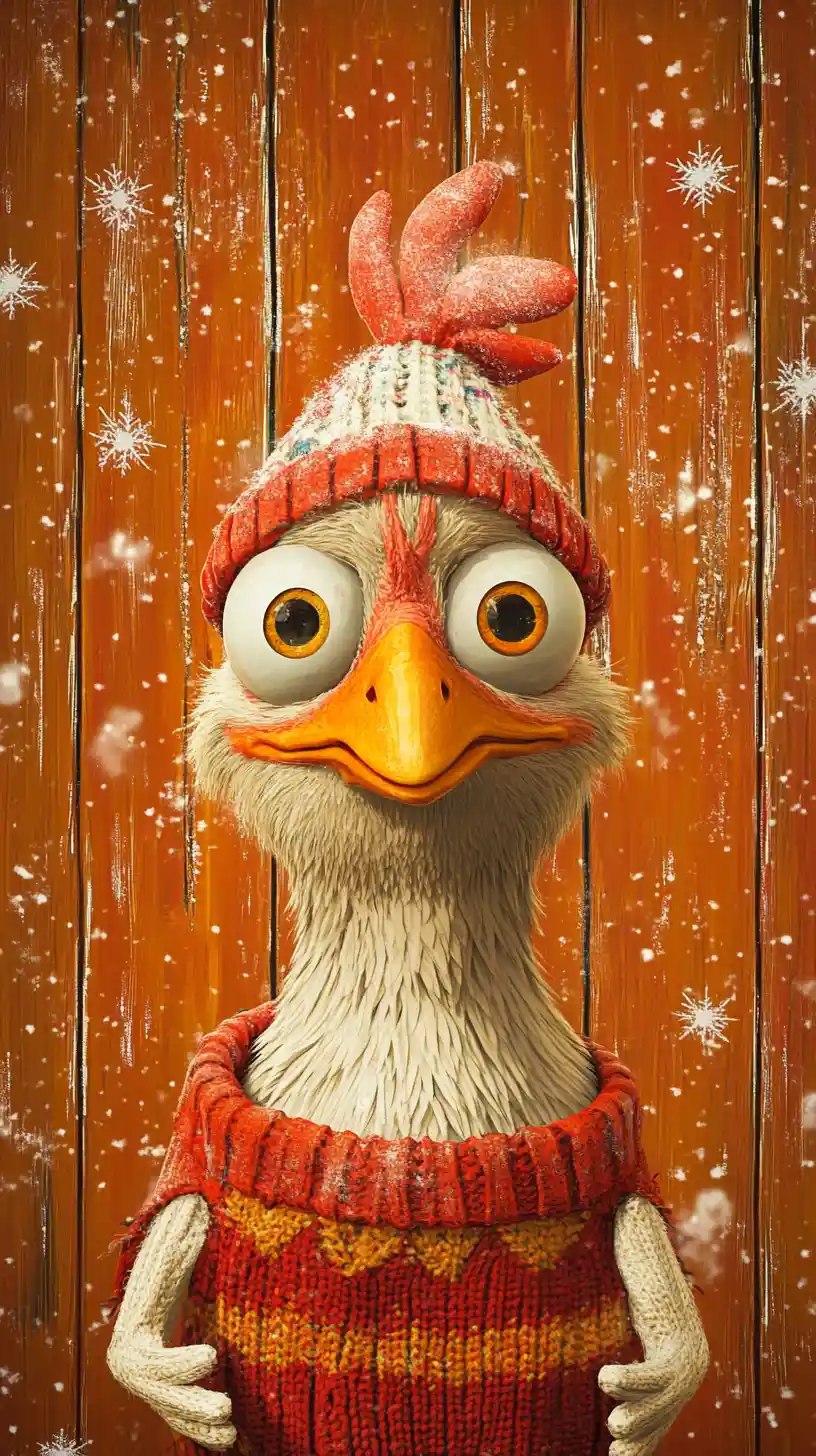 Cartoon chicken in snow on orange abstract background
