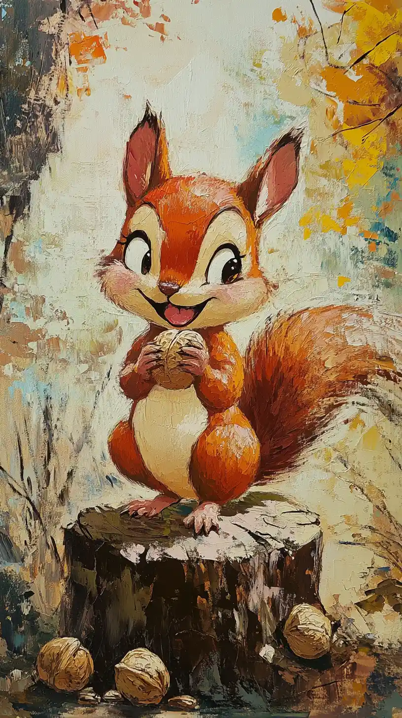 Cute cartoon squirrel girl holding nuts by a stump