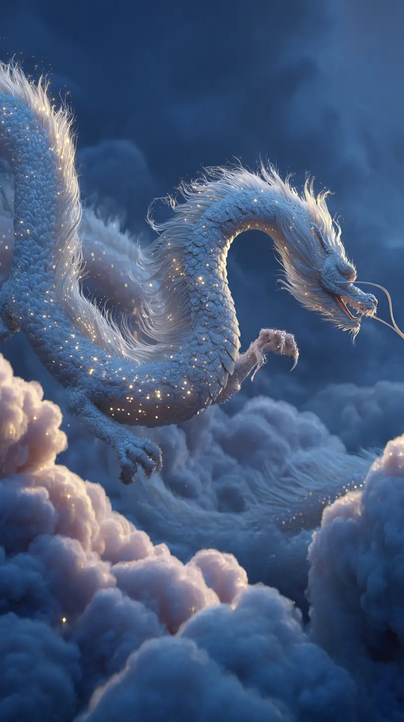 Majestic white dragon flying through a dreamy starry sky
