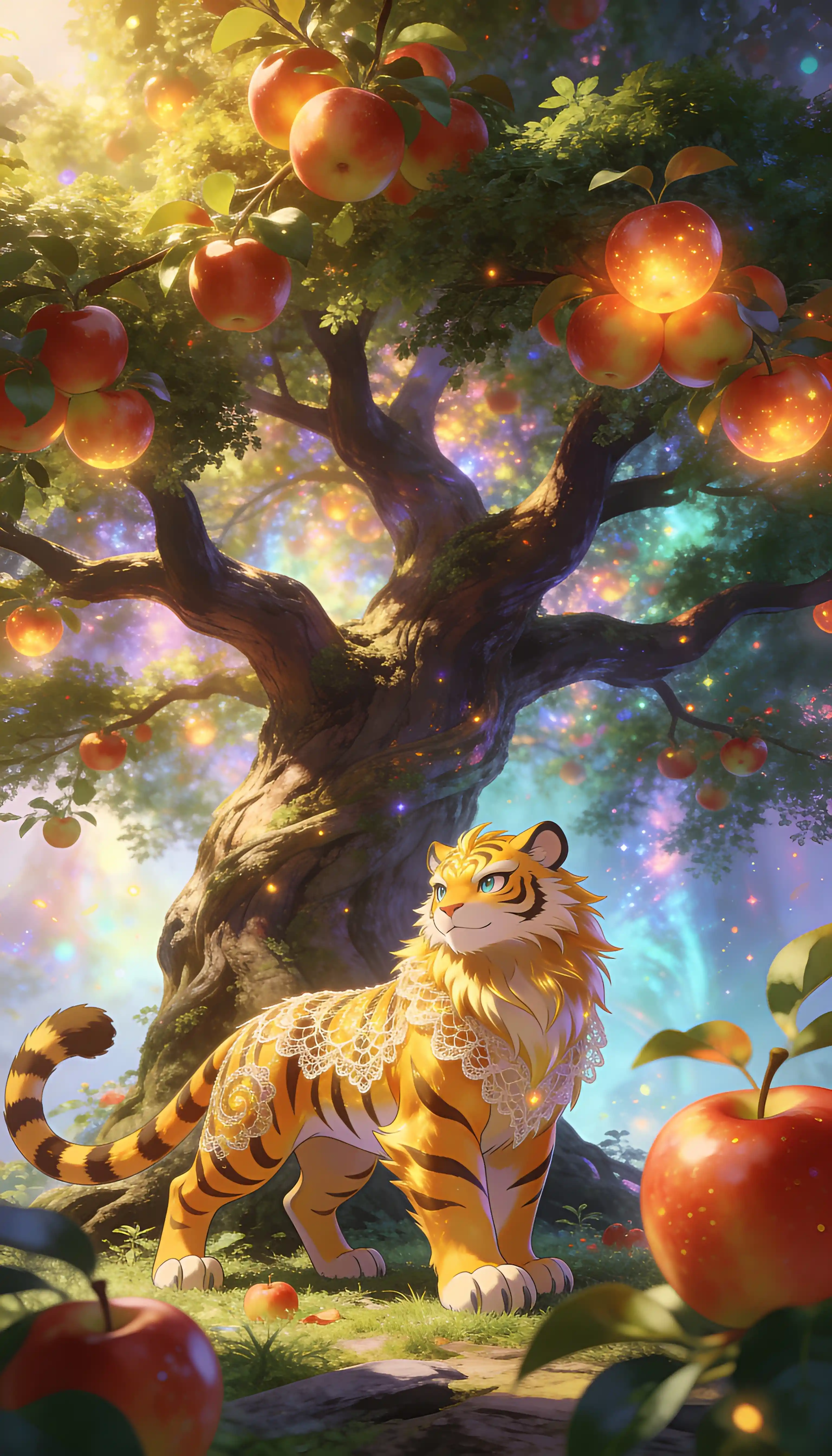 Majestic cartoon tiger under a magical apple tree canopy