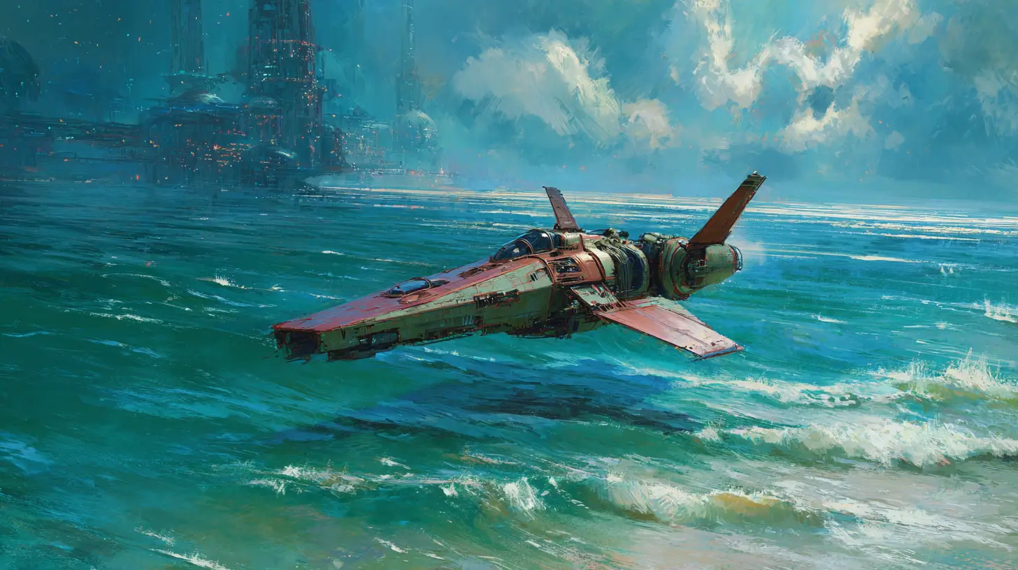 Oil painting of a spaceship gliding across an alien ocean