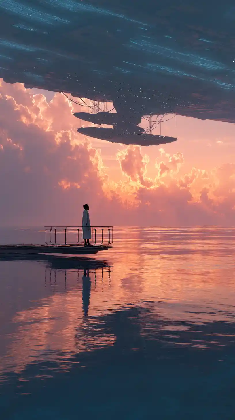 Figure afrofuturiste au-dessus d’un océan néon au coucher de soleil flamboyant