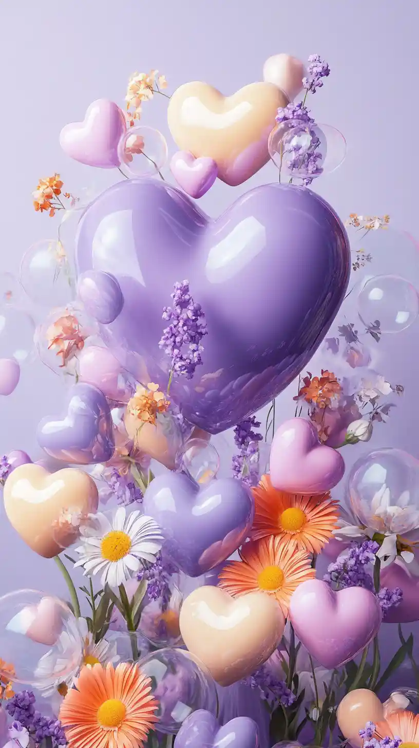 Colorful hearts bouquet on soft purple background