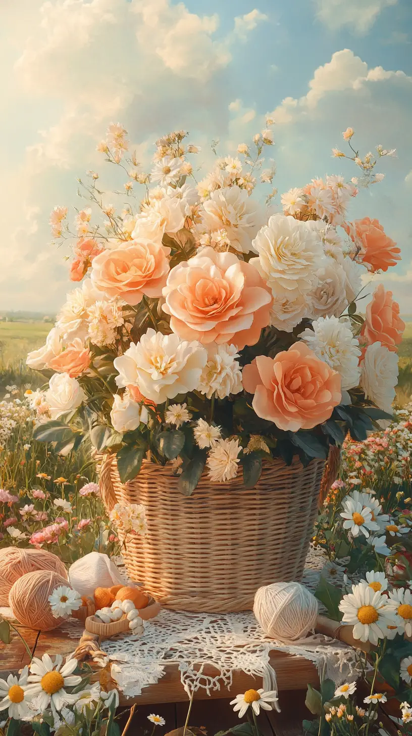 Wicker Basket Of Roses And Daisies On Wooden Table