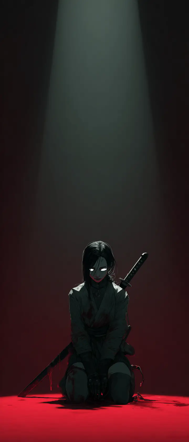 Female assassin kneeling in dramatic anime shadow portrait