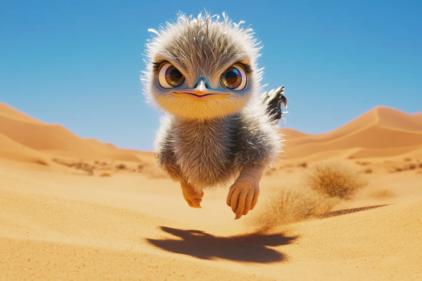 Curious baby ostrich walking across bright desert dunes