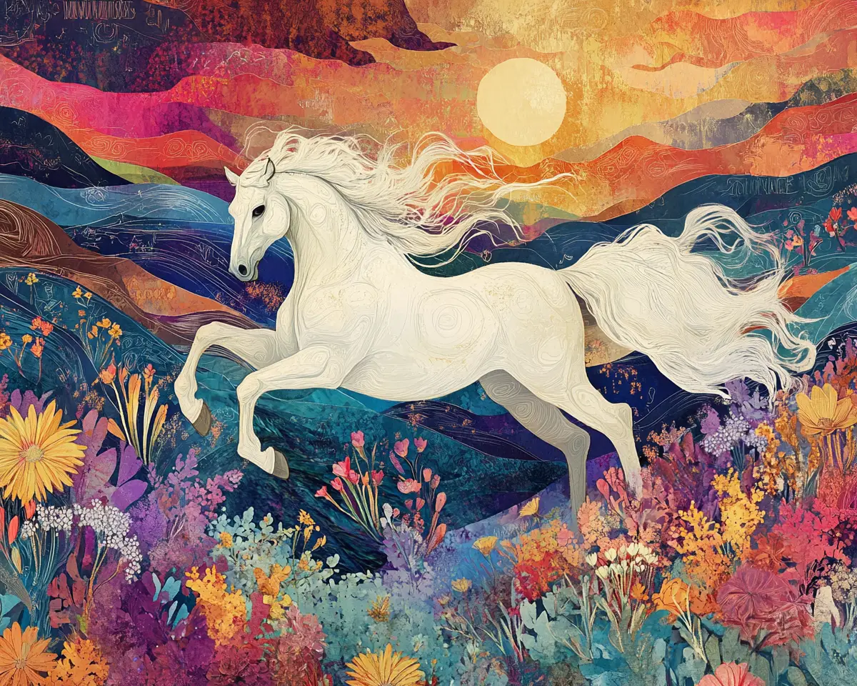 Ethereal Horse In A Fantasy Landscape Of Wildflowers