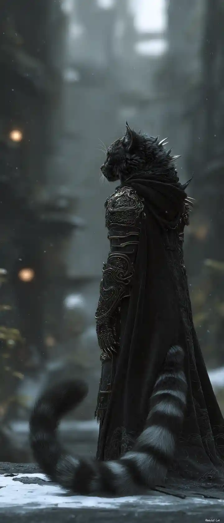 Armored warrior cat in a ruined winter metropolis