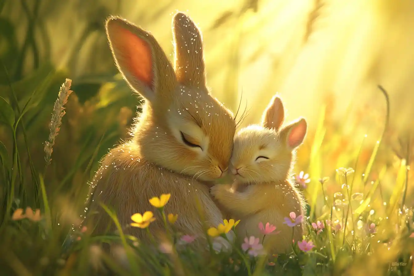 Mother rabbit cuddling her baby in a spring meadow