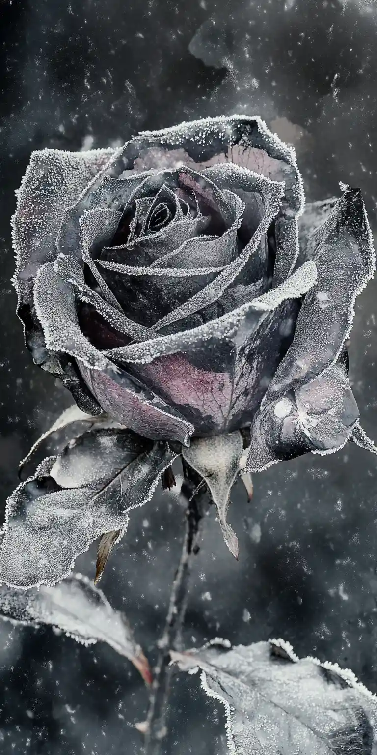 Surreal collage illusion with macro snowflake and dark rose