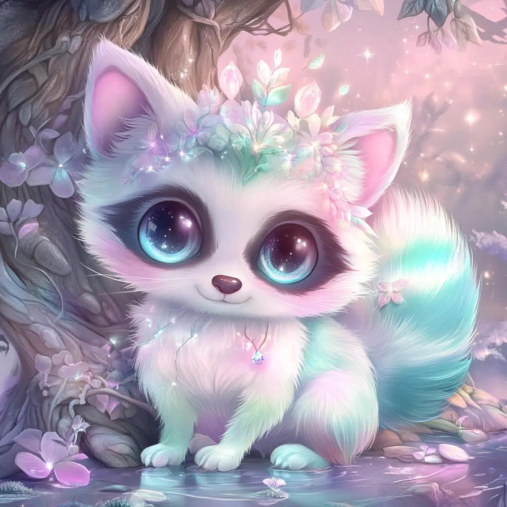 Cute Chibi Fantasy Raccoon With Crown In Enchanted Forest