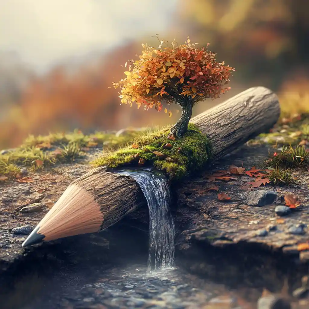 Surreal pencil landscape with autumn tree and waterfall