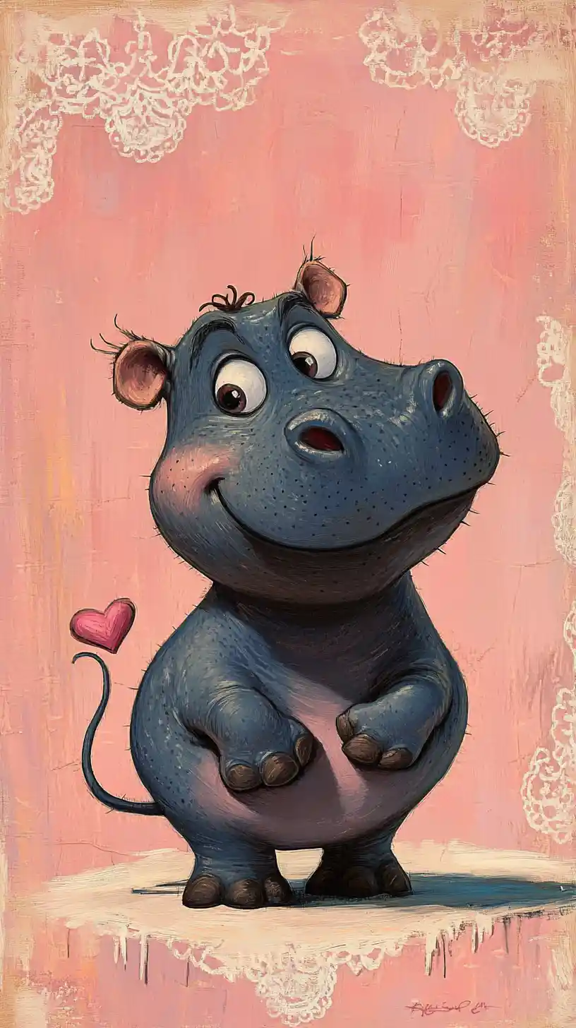Cute Cartoon Hippo With Pink Heart Lace Background