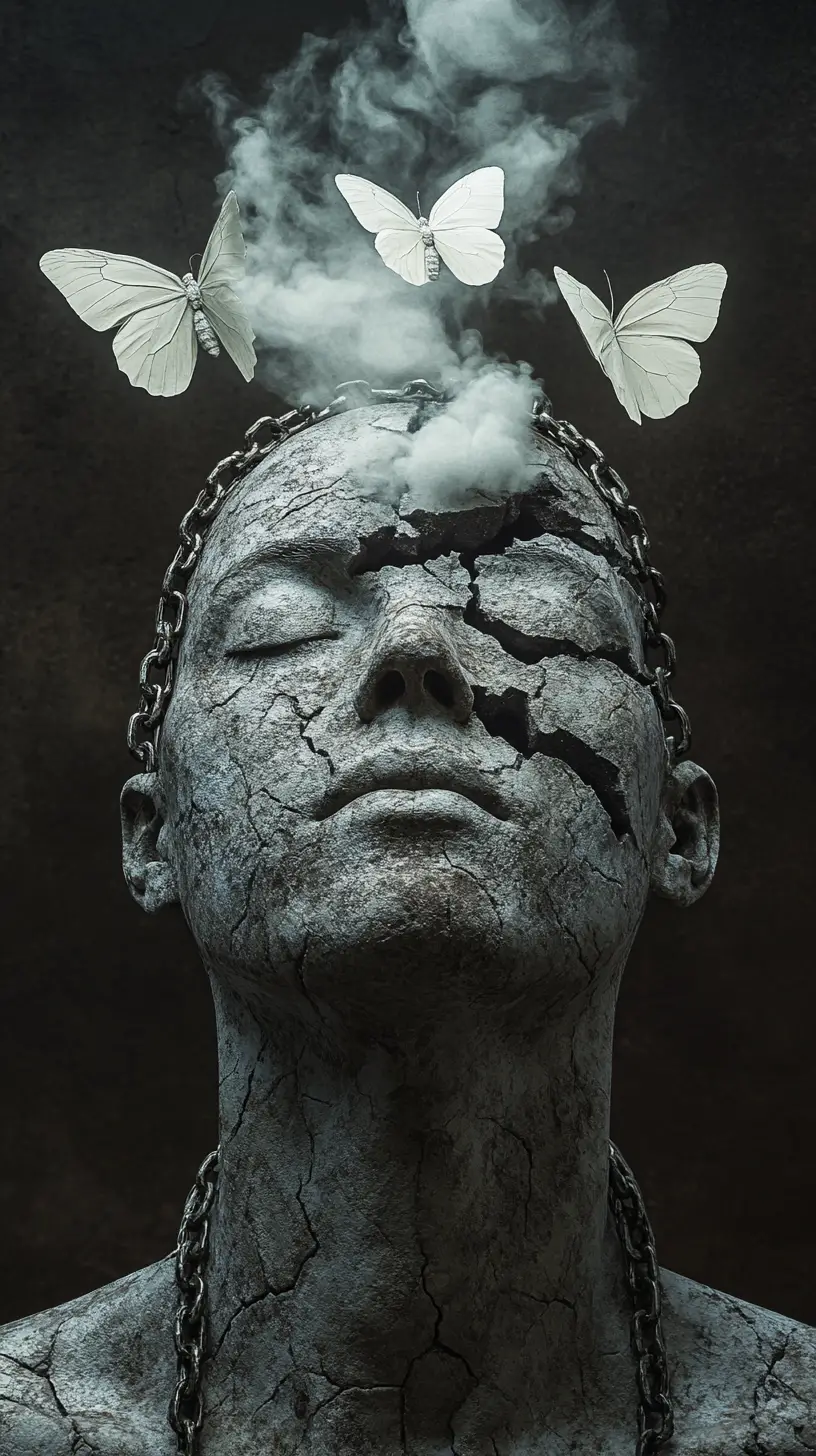 Surreal stone like human head with chains and smoke