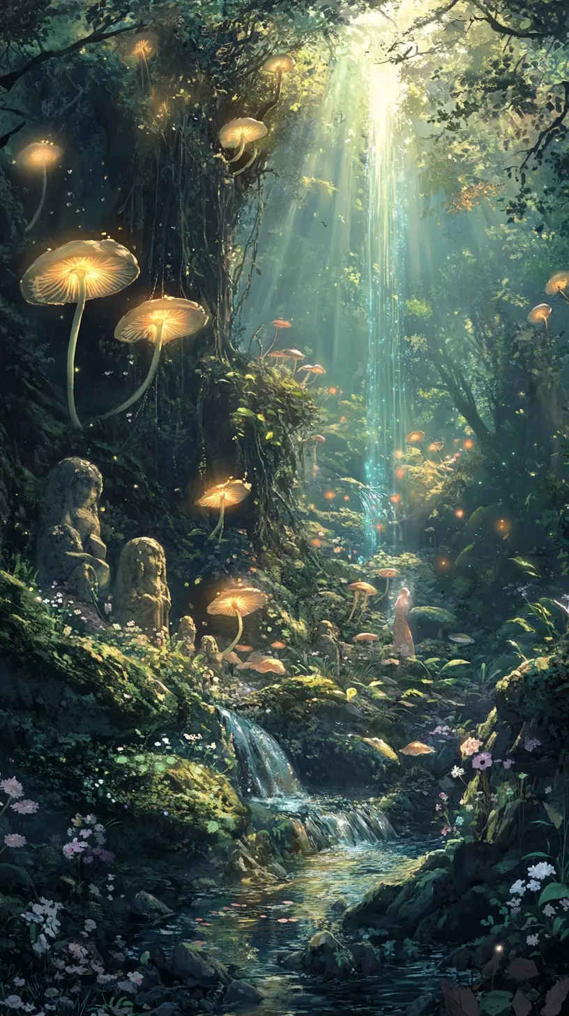 Magical valley with glowing plants and gentle forest spirits