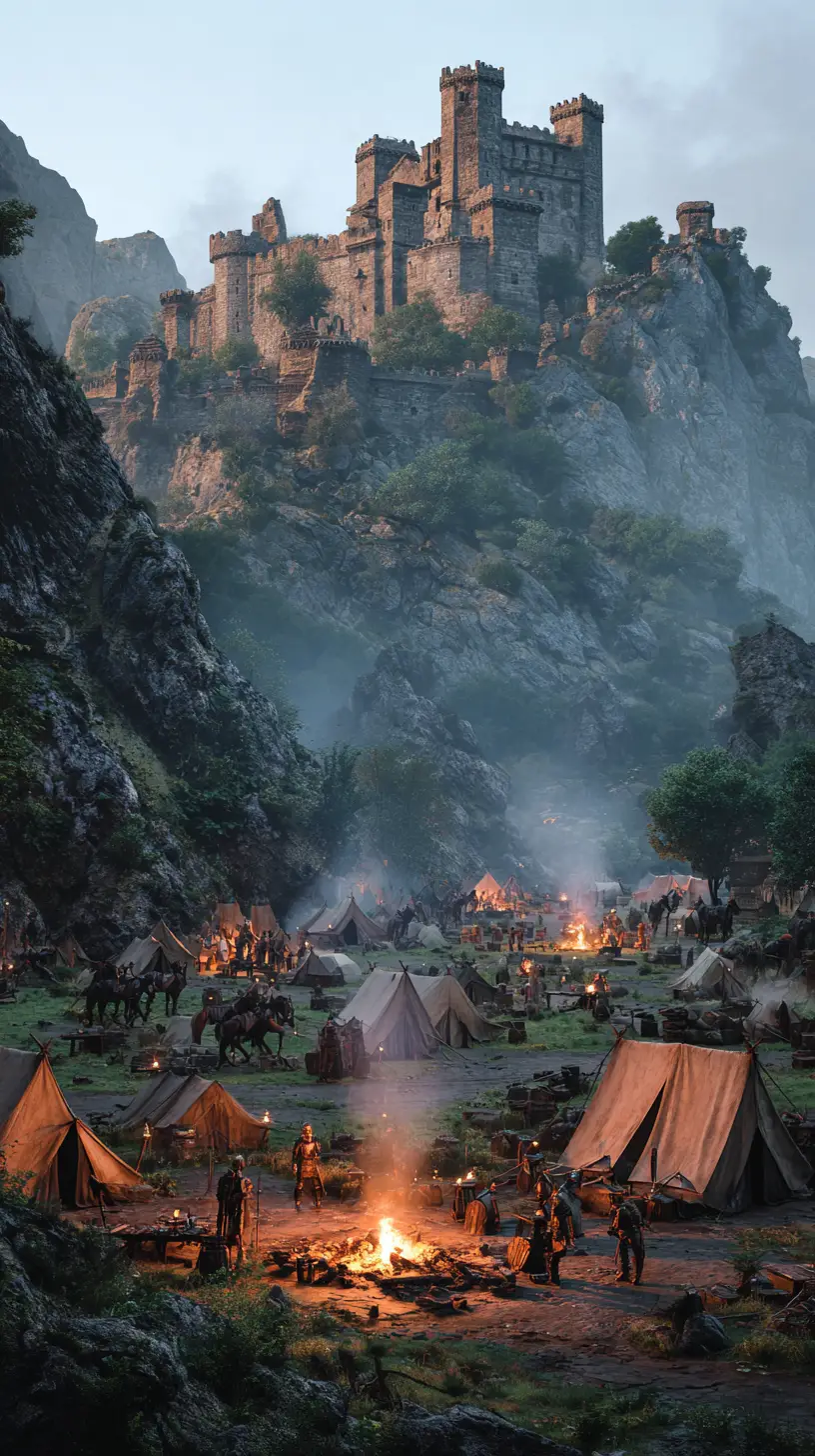 Ruined hilltop castle above medieval army encampment