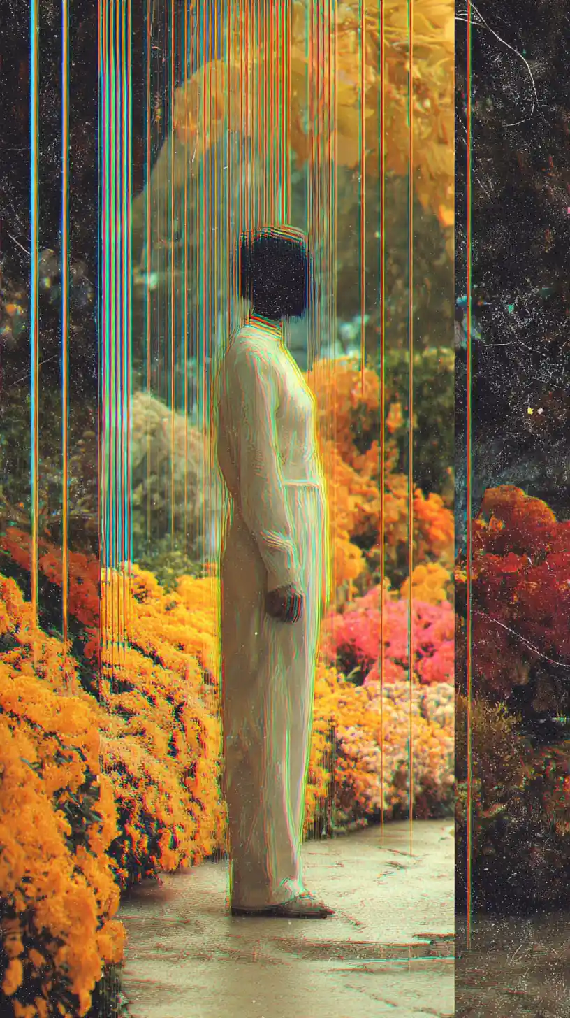Quirky valentines card with vaporwave woman in night garden
