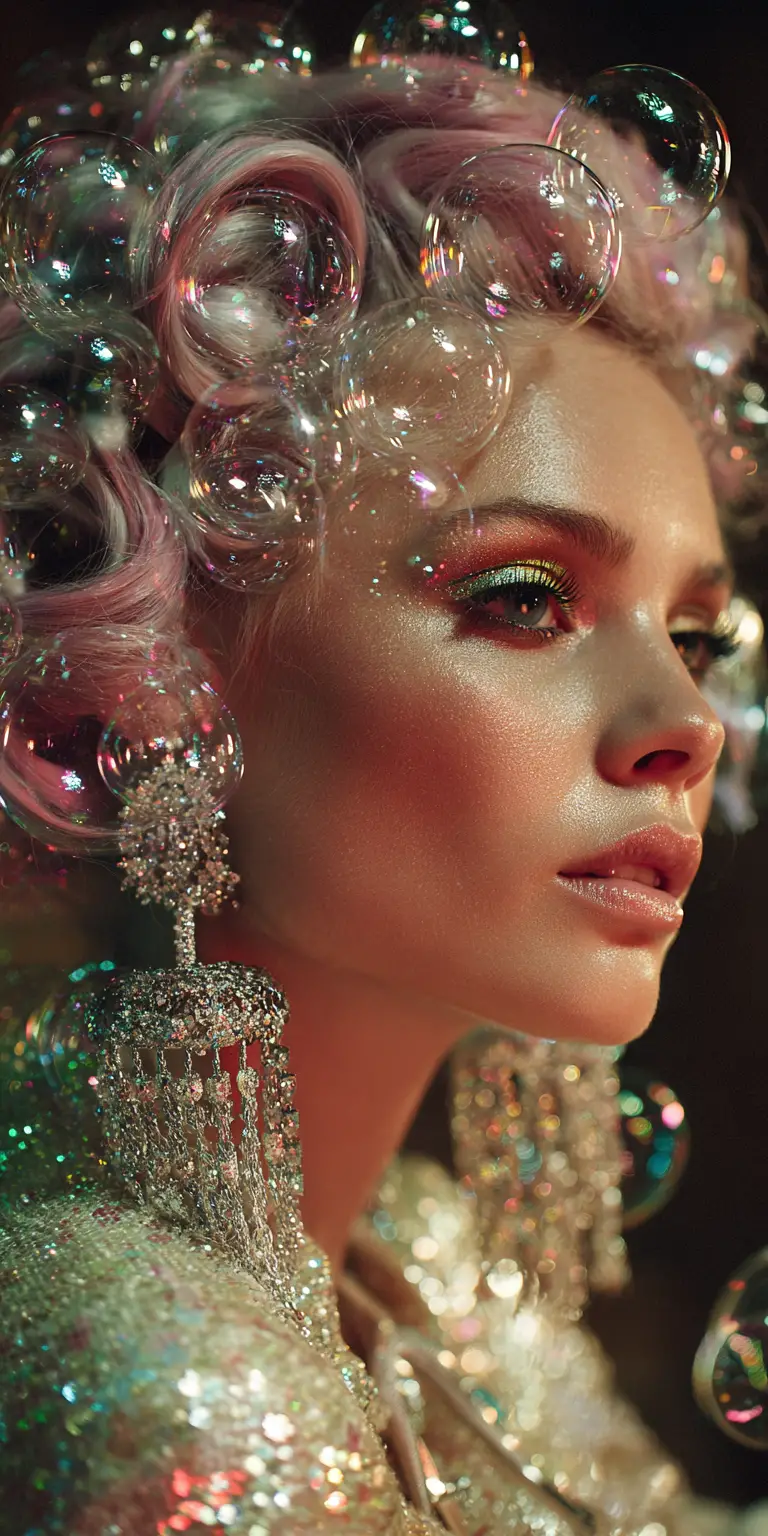 Surreal girl portrait with bright eyes and bubbles