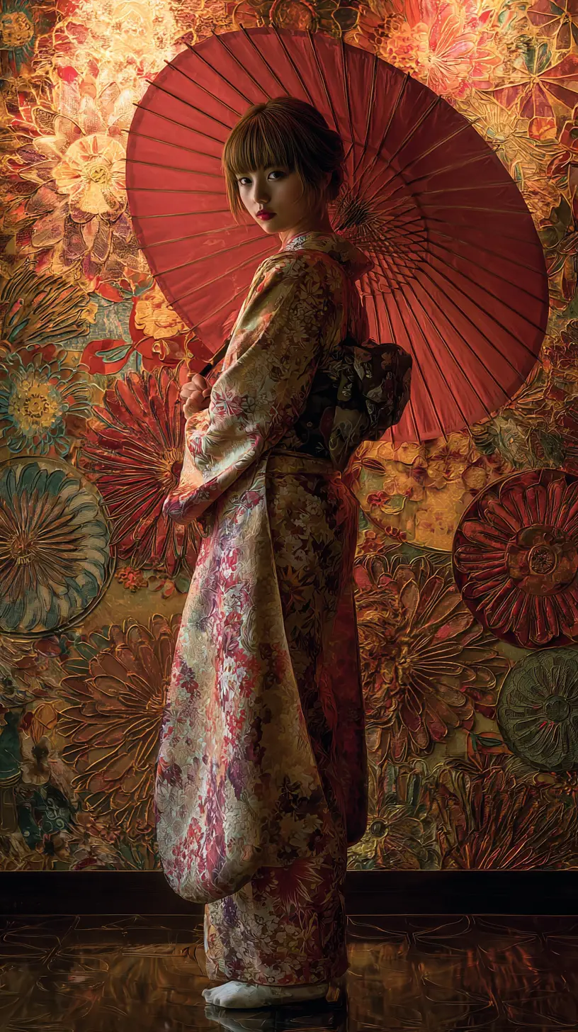Cute girl in kimono with umbrella full body portrait
