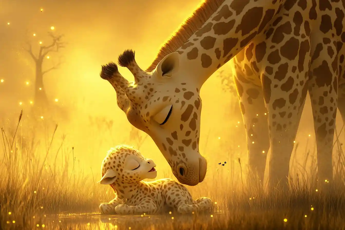 Giraffa appena nata che riposa accanto alla madre nella savana nebbiosa