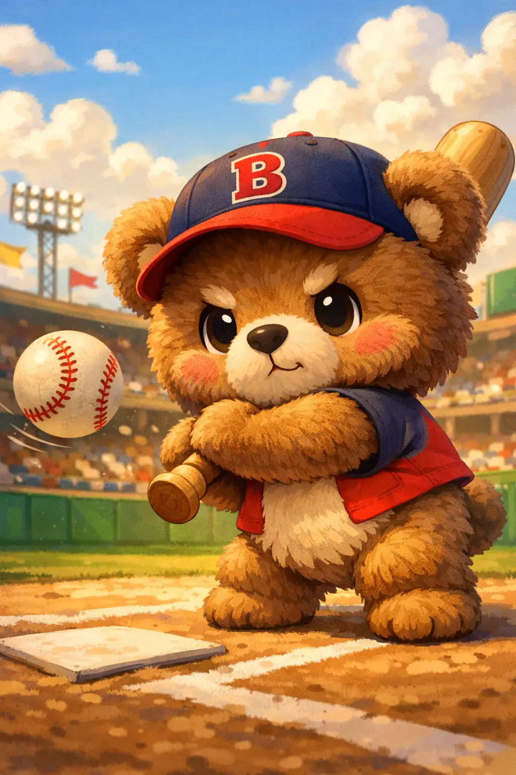 Cute cartoon bear playing baseball on sunny day