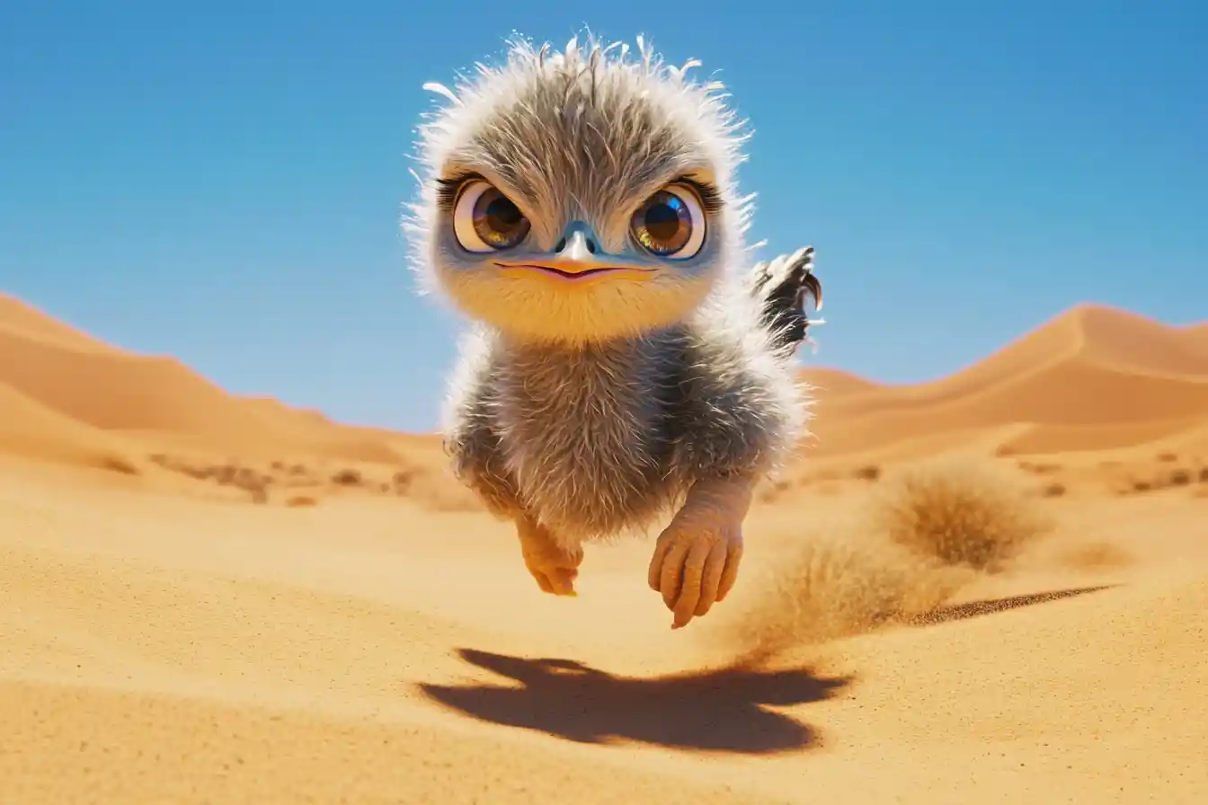 Curious baby ostrich walking across bright desert dunes
