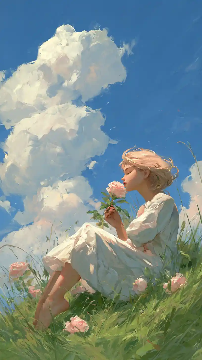Peaceful woman with rose in a dreamy green meadow