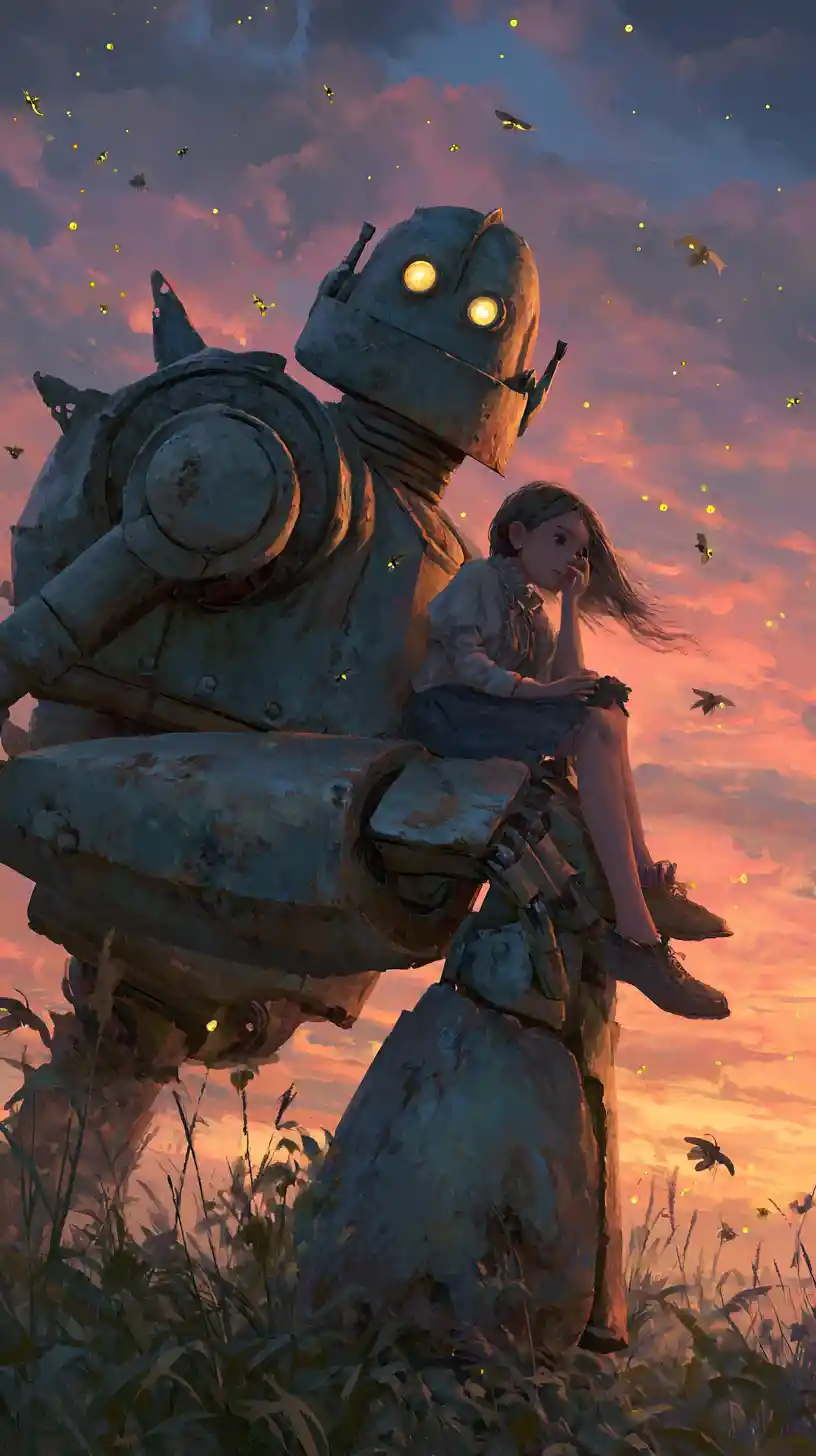 Girl On Rusted Robot At Dusk In Quiet Meadow
