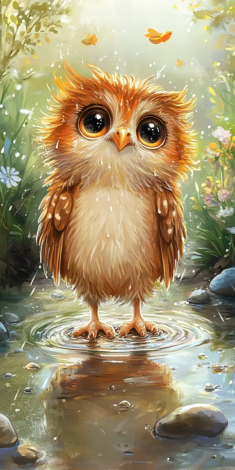 Cute Baby Owl Standing In A Rainy Puddle Illustration